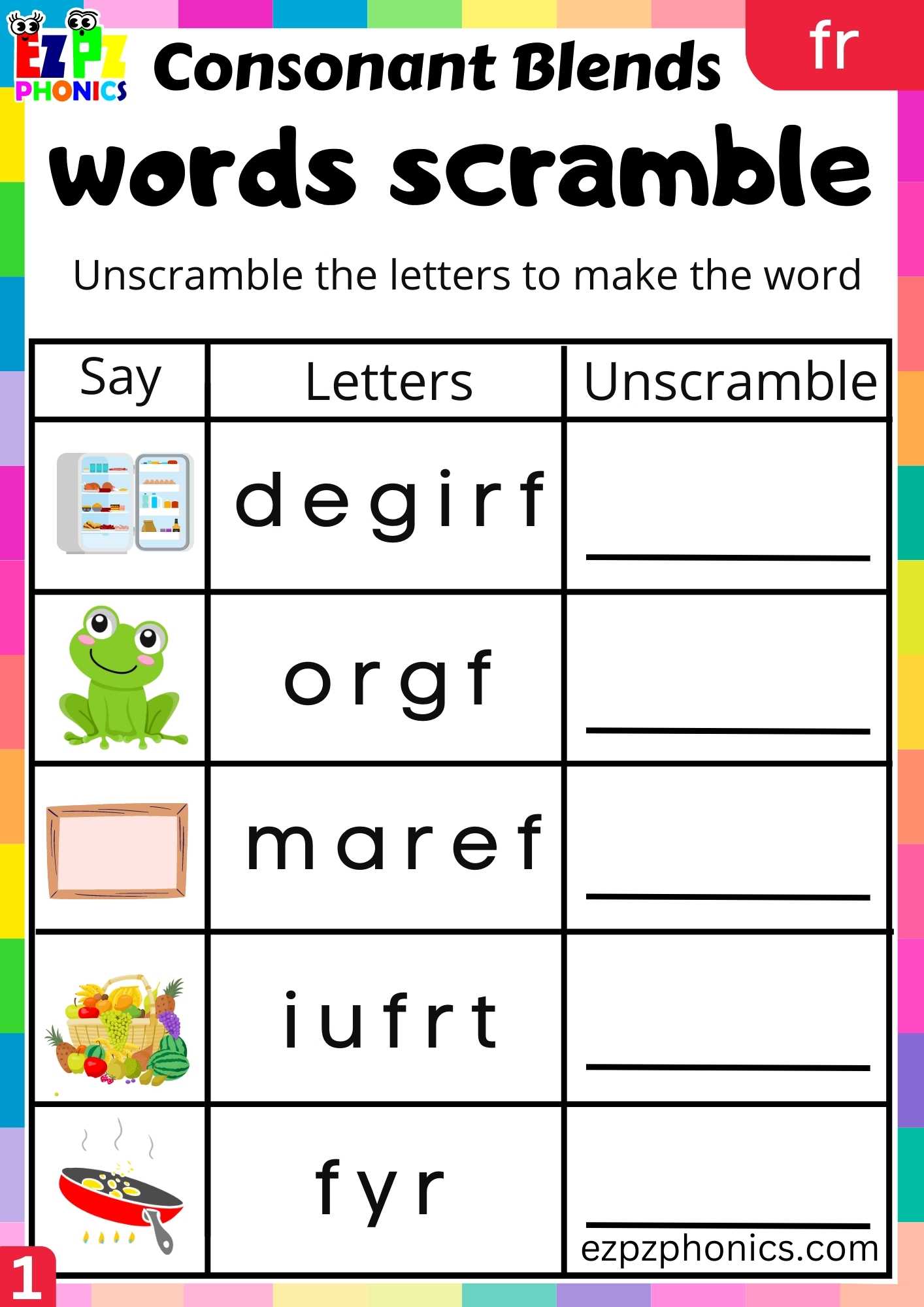 Group1 FR Words Words Scramble Phonics Consonant Blends Worksheet